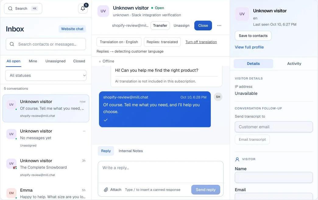 The customer conversation opened in the Mill inbox